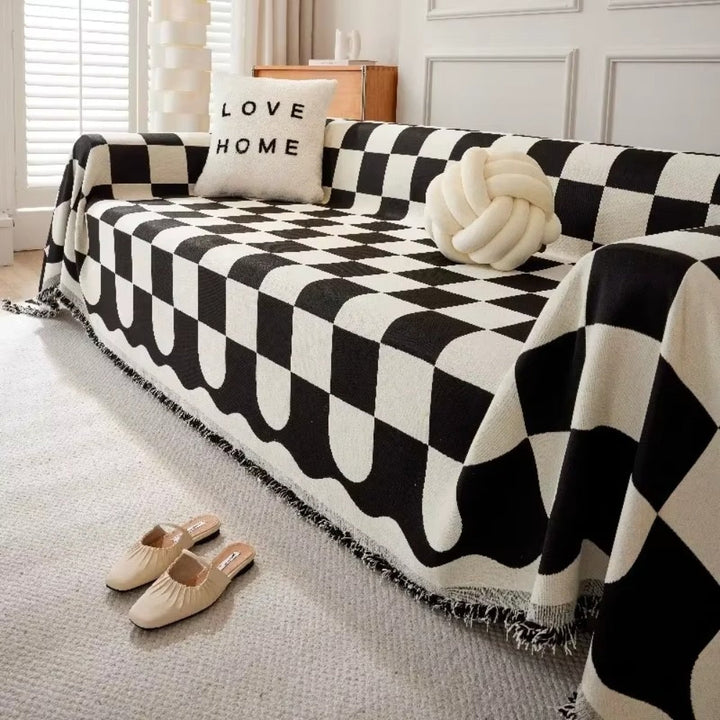 Chess Board Chic Tasseled Sofa Cover