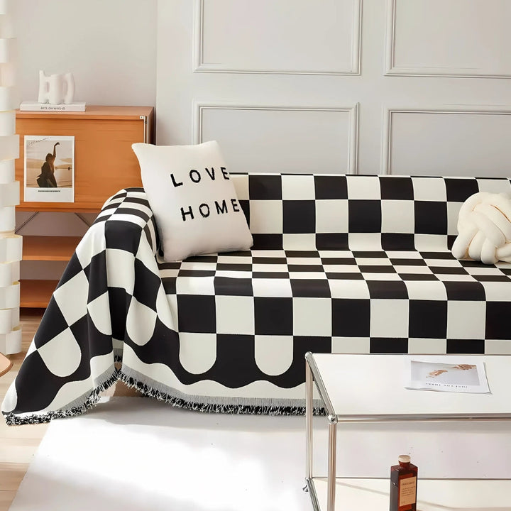 Chess Board Chic Tasseled Sofa Cover