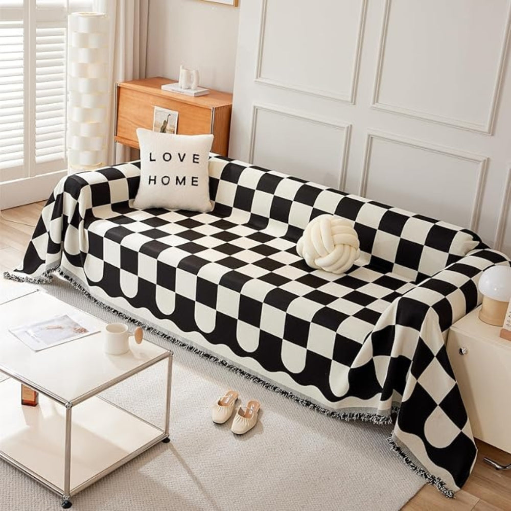 Chess Board Chic Tasseled Sofa Cover