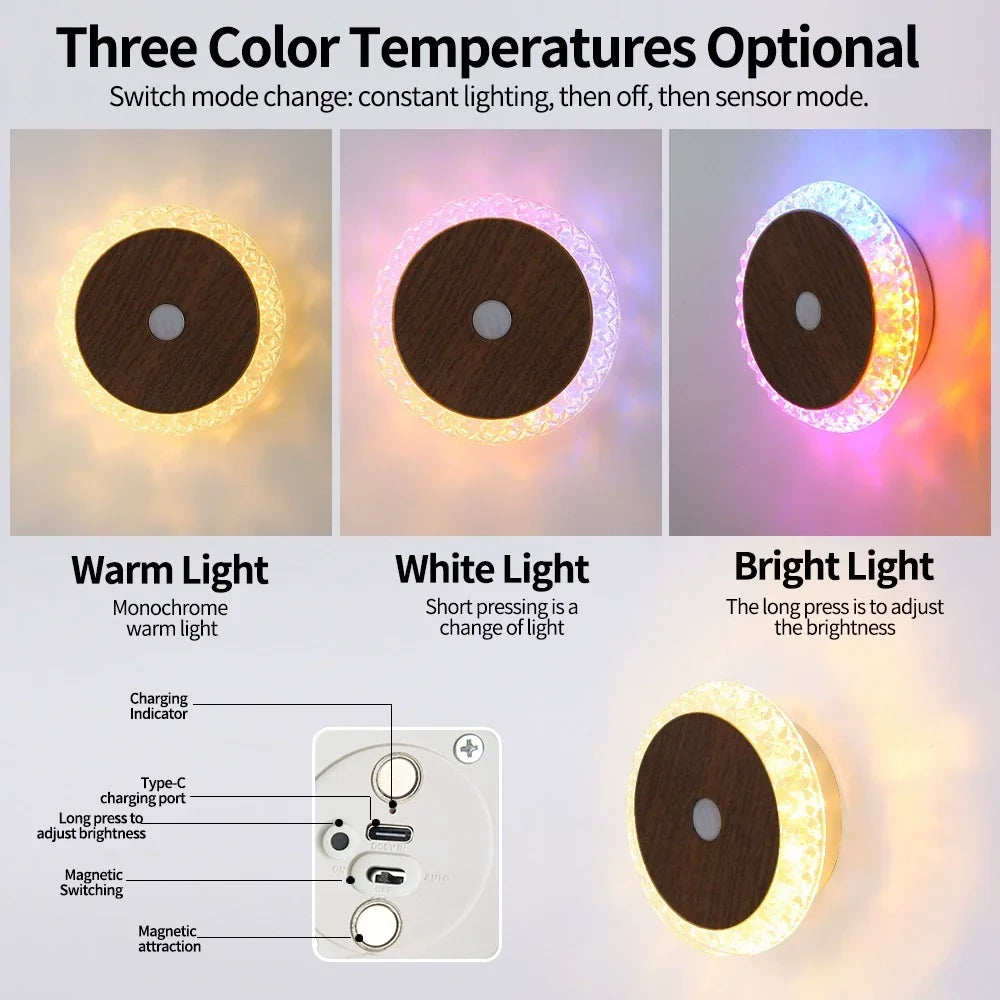 Smart Rechargeable Motion-Sensing Wall Lamp Hotel Bedside Ambient Night Light No-Drill Wall Light