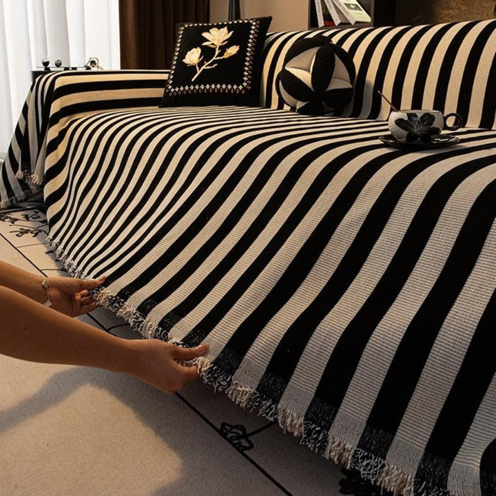Striped Chenille Black White Sofa Cover