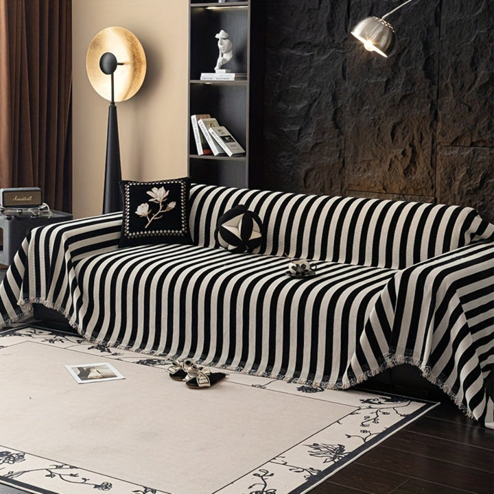 Striped Chenille Black White Sofa Cover