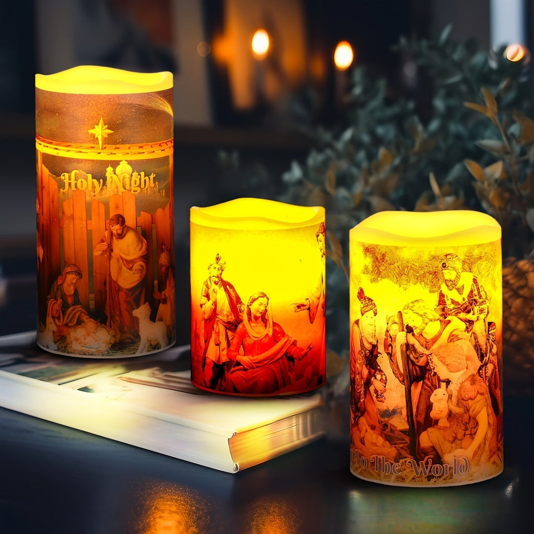 Flameless LED Christmas Candles – 3pcs Battery-Powered Holy Night Lights Candle with Timer Featuring Nativity Scene for Warm Holiday Home Ambience
