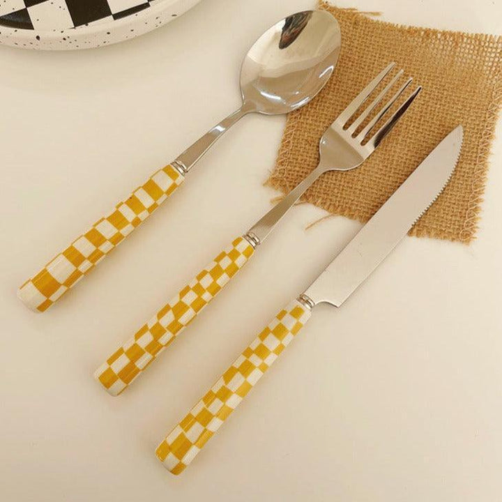 Checked Stainless Steel Silver Cutlery Black Red Yellow Green