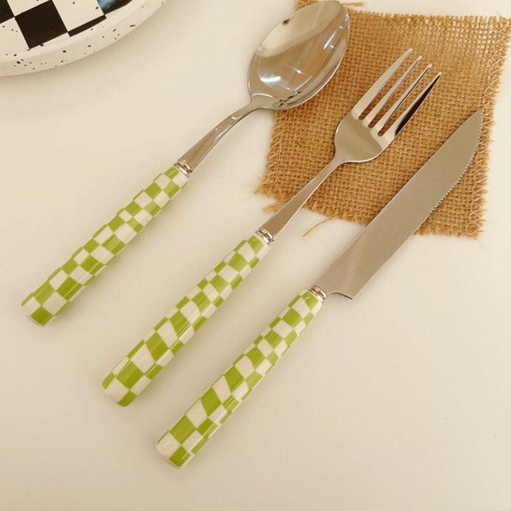 Checked Stainless Steel Silver Cutlery Black Red Yellow Green