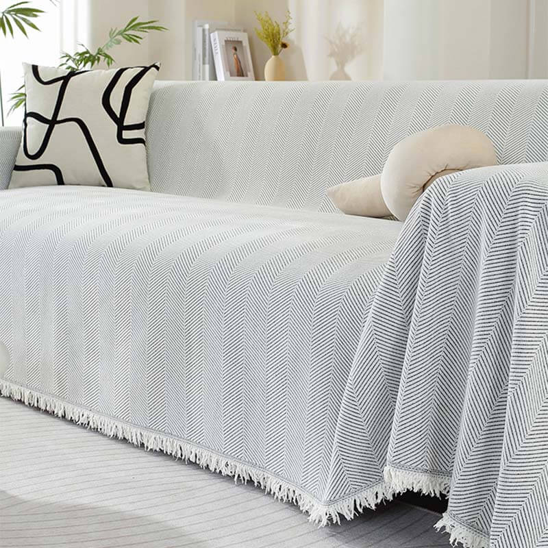 Chenille Sofa Cover Herringbone Tassel Design