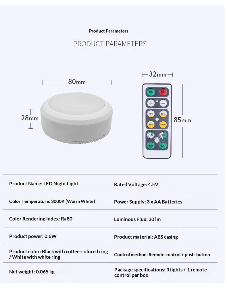Leastyle Remote Control LED Puck Lights, Dimmable Battery-Operated Under Cabinet Lights - 3 Pack