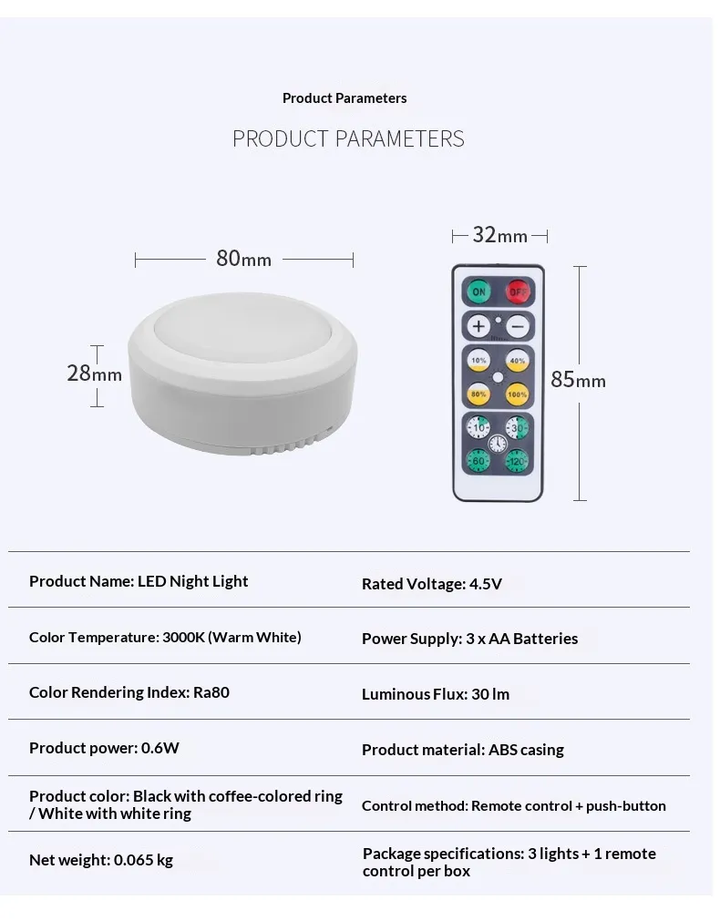 Leastyle Remote Control LED Puck Lights, Dimmable Battery-Operated Under Cabinet Lights - 3 Pack